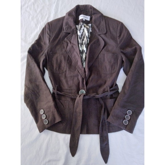 Ted Lapidus Blazer Linen Blend Belted Brown Womens Size FR 46 US 12 - Picture 2 of 10